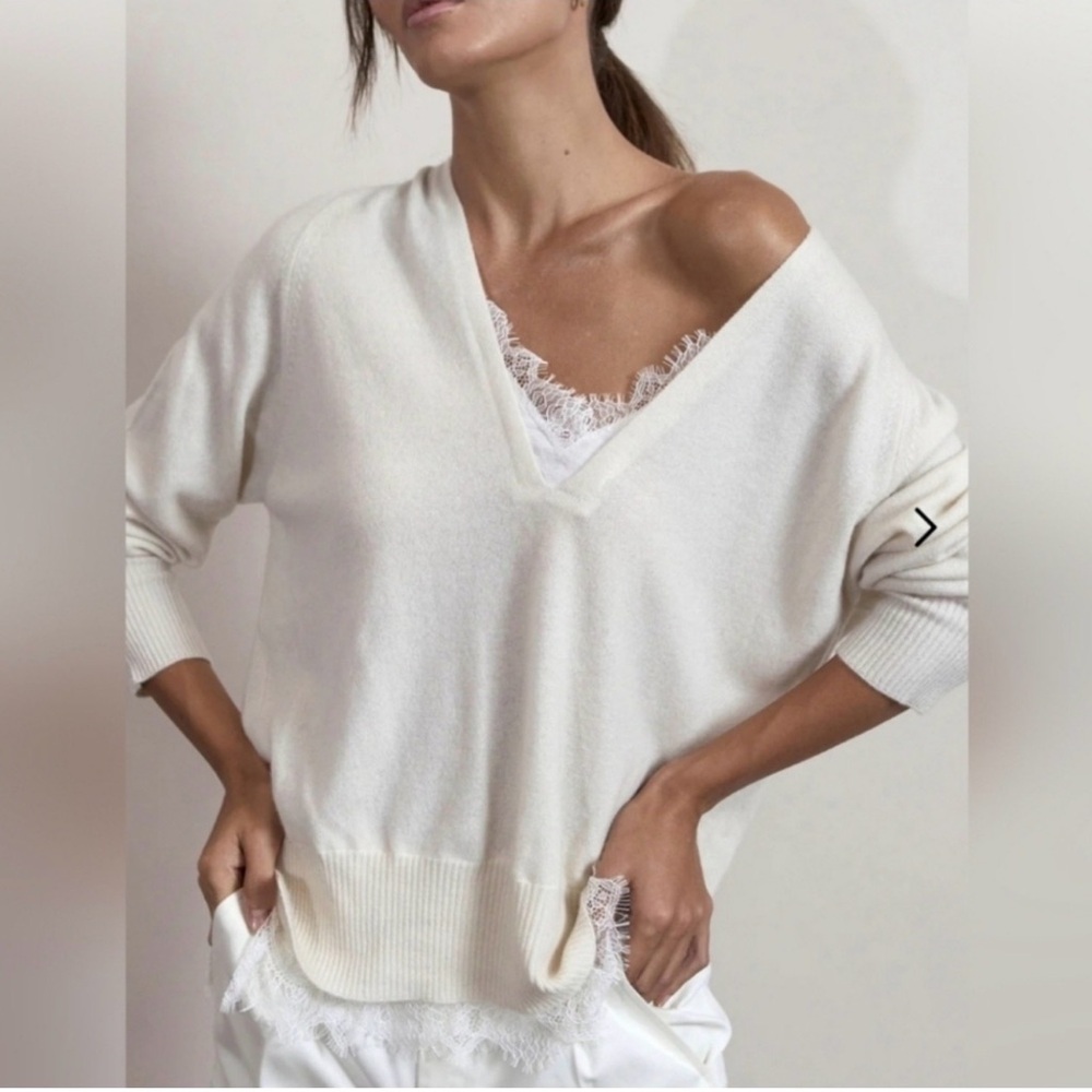 Brochu Walker The Lace Vee Looker Pullover Ivory Size Large NWT